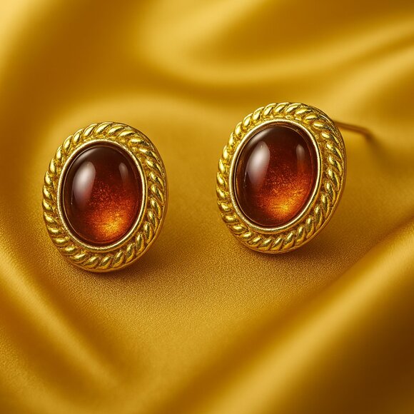 Croft & Barrow Amber Cabochon Stud Earrings – Gold Twist Border - Chic Jewelry - Picture 1 of 5